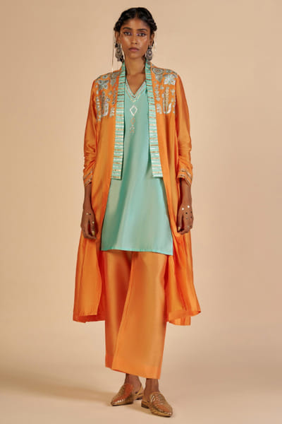 Orange and aqua embroidered chanderi jacket
