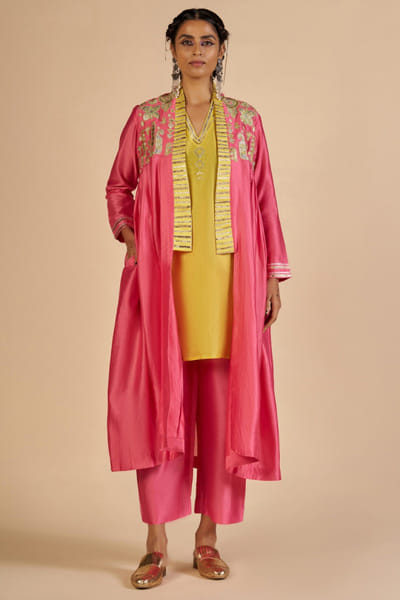 Pink and yellow embroidered chanderi jacket