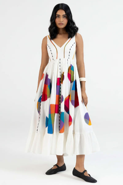 Gulabo by Abu Sandeep Off-white checks polka applique A-line dress GULAJUL26D149162