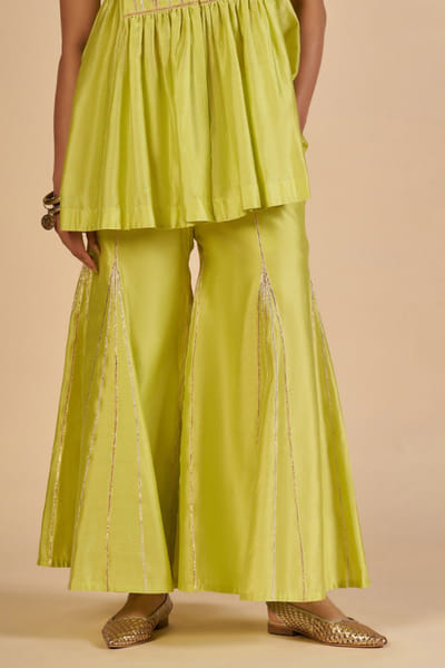 Lime green floral embroidered chanderi top