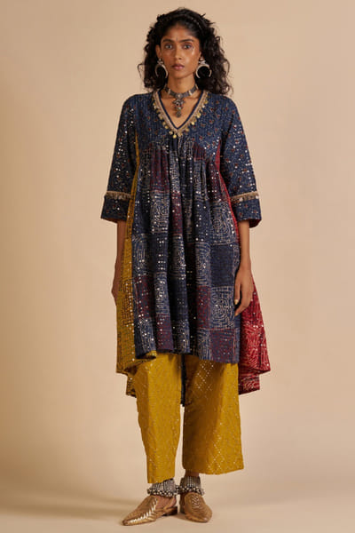 Multicolour tribal print embroidered kurta