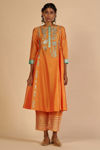 Orange and aqua embroidered chanderi kurta