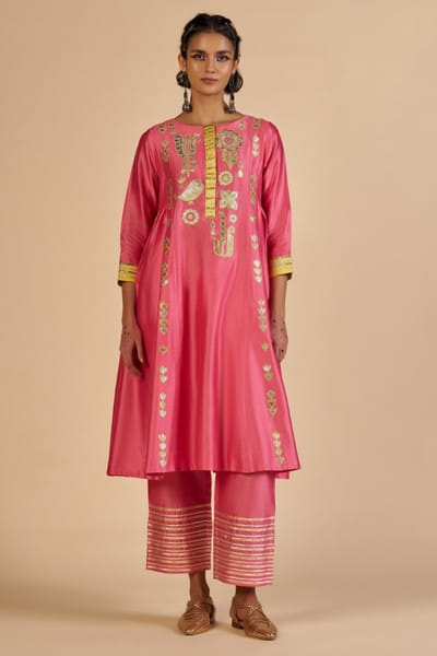 Pink and yellow embroidered chanderi kurta