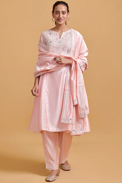 Pink dori mirror embroidered kurta set