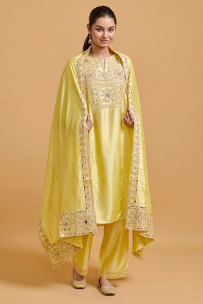 Yellow dori mirror embroidered kurta set
