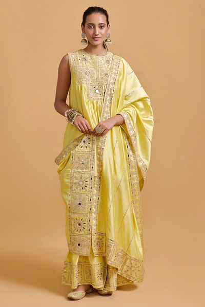 Yellow dori mirror embroidered gharara set