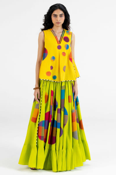 Gulabo by Abu Sandeep Lime green checks polka applique maxi skirt GULAJUL26D149173