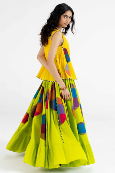 Gulabo by Abu Sandeep Lime green checks polka applique maxi skirt GULAJUL26D149173