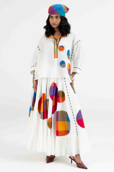 Gulabo by Abu Sandeep Off-white checks polka applique maxi skirt GULAJUL26D149171