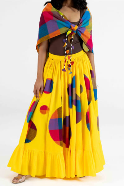 Gulabo by Abu Sandeep Yellow checks polka applique maxi skirt GULAJUL26D149172