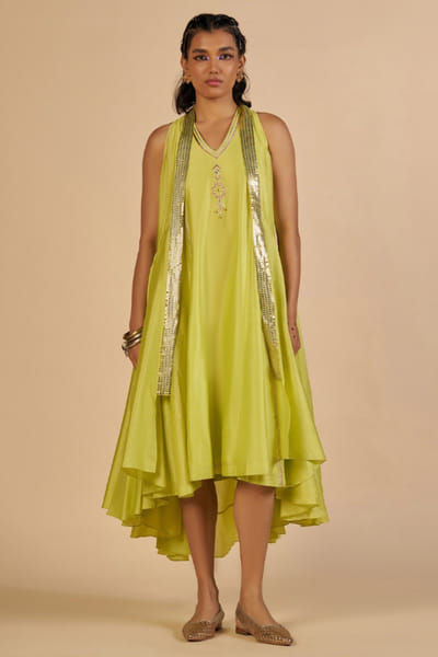 Lime green chanderi dress