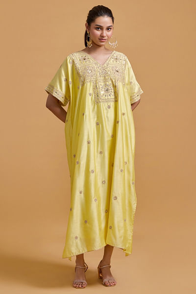 Yellow dori mirror embroidered kaftan