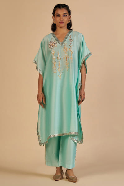 Aqua embroidered chanderi kaftan tunic
