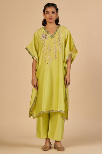 Lime green embroidered chanderi kaftan tunic