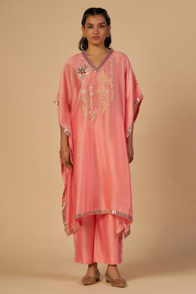 Pink embroidered chanderi kaftan tunic