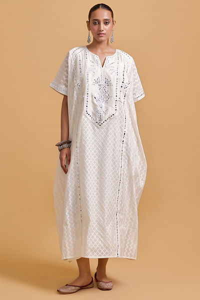 Off-white mirror work jamdani kaftan