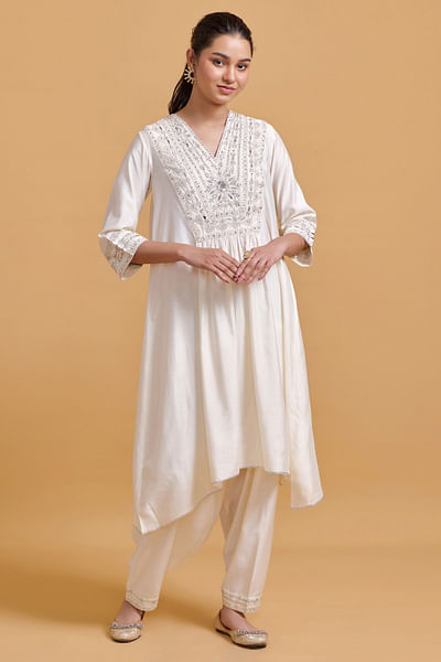 Off-white mirror dori embroidered kurta set