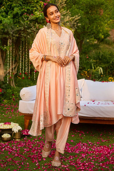 Pink mirror dori embroidered kurta set