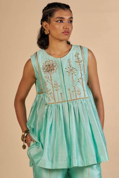 Aqua floral embroidered chanderi top