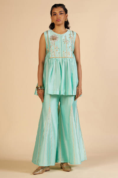 Aqua embroidered chanderi tunic