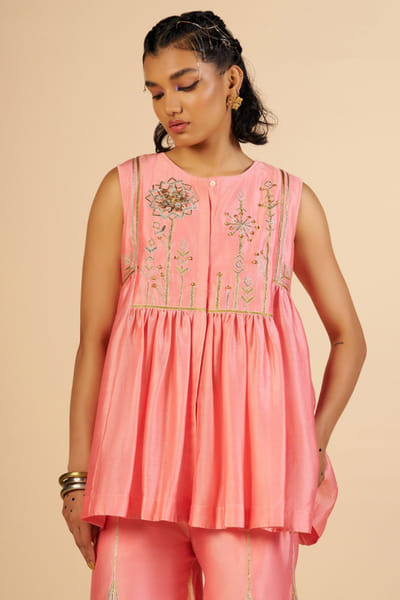 Pink floral embroidered chanderi top