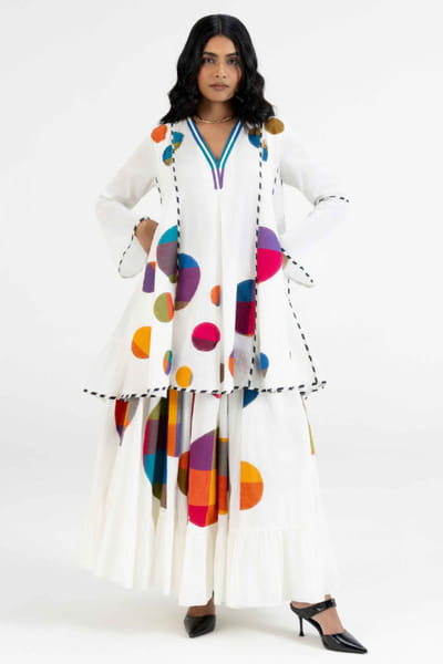 Gulabo by Abu Sandeep Off-white checks polka applique flared tunic GULAJUL26D149183