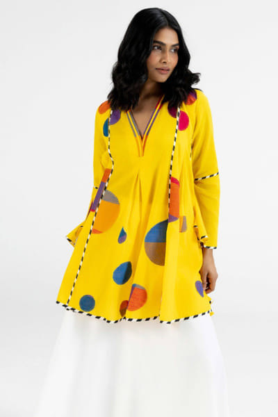 Gulabo by Abu Sandeep Yellow checks polka applique flared tunic GULAJUL26D149184