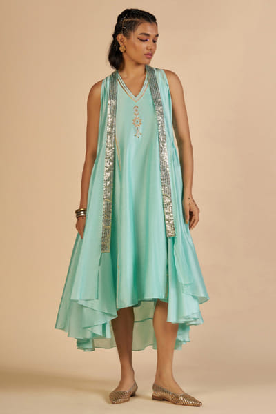 Aqua sequin embroidered chanderi overlay