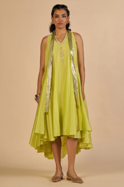 Lime green sequin embroidered chanderi overlay