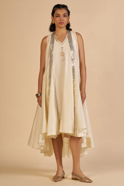 Off-white sequin embroidered chanderi overlay