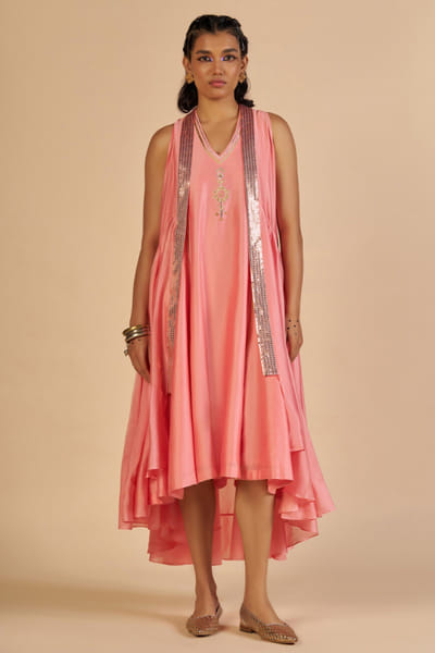 Pink sequin embroidered chanderi overlay