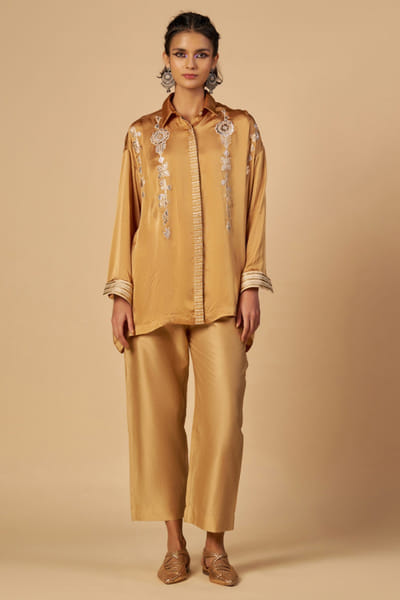 Light beige embroidered chanderi shirt