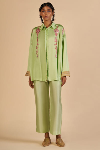 Green embroidered chanderi shirt