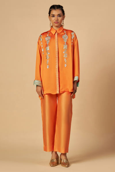 Orange and aqua embroidered chanderi shirt