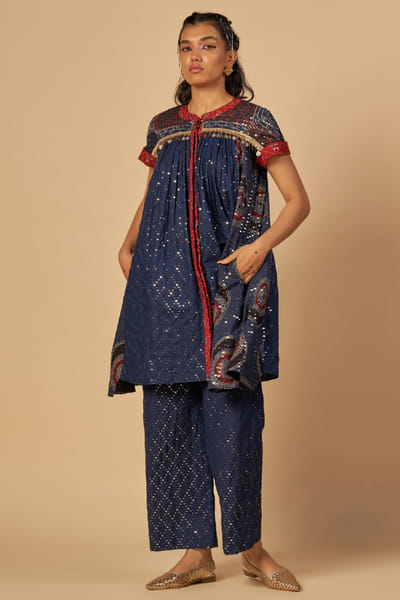 Blue sequin embroidered chanderi pants