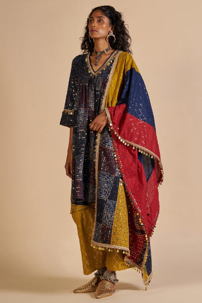 Mustard sequin embroidered chanderi pants