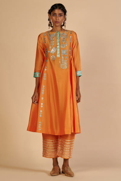 Orange and aqua chanderi pants