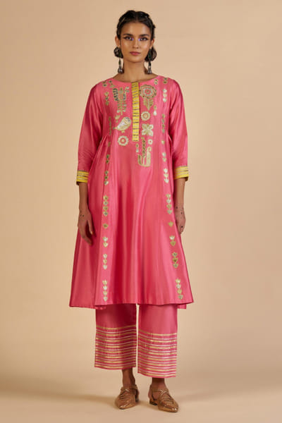 Pink and yellow chanderi pants