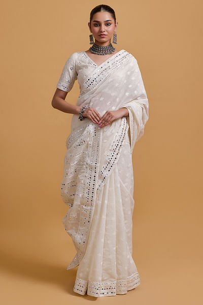Off-white mirror work jamdani sari