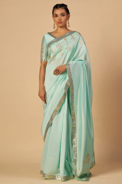 Aqua embroidered chanderi sari