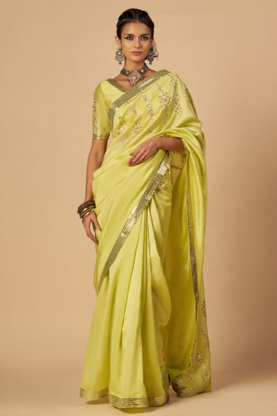 Lime green embroidered chanderi sari