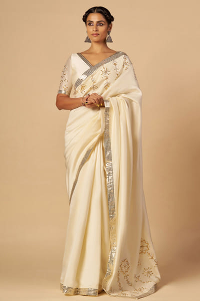 Off-white embroidered chanderi sari