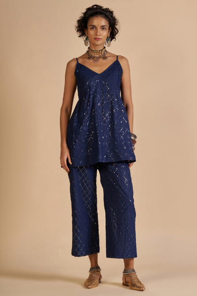 Blue sequin embroidered chanderi tunic