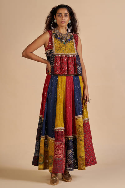 Multicolour tribal print embroidered skirt