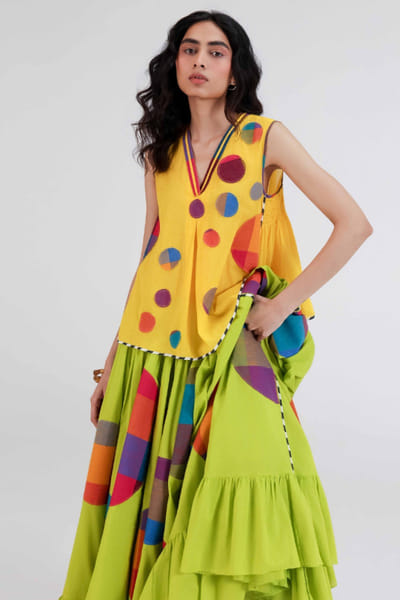 Gulabo by Abu Sandeep Yellow checks polka applique v-neck top GULAJUL26D149178