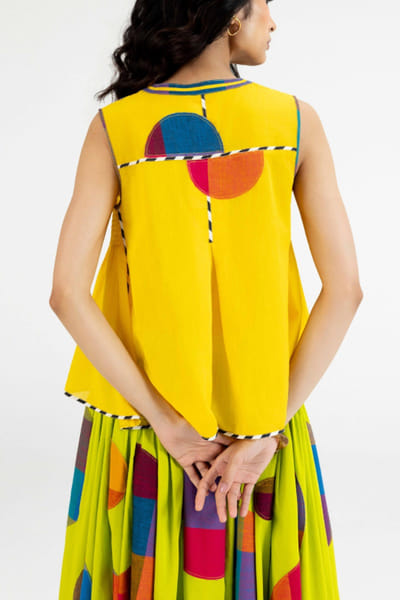 Gulabo by Abu Sandeep Yellow checks polka applique v-neck top GULAJUL26D149178