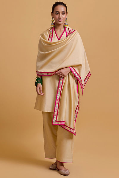 Beige geometric embroidered dupatta