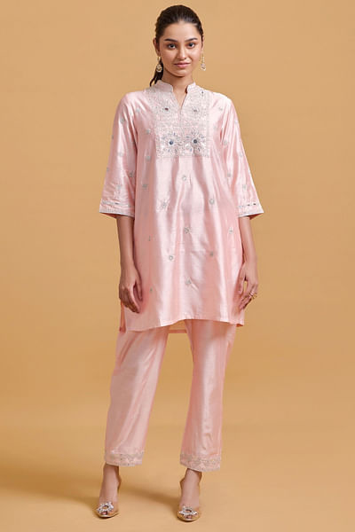 Pink dori mirror embroidery kurta set