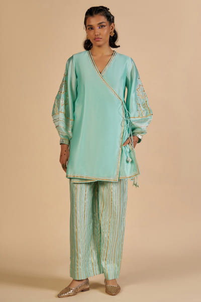 Aqua embroidered angrakha tunic