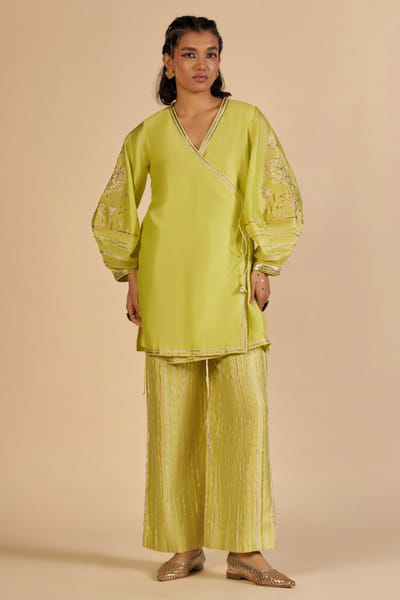 Lime green embroidered angrakha tunic